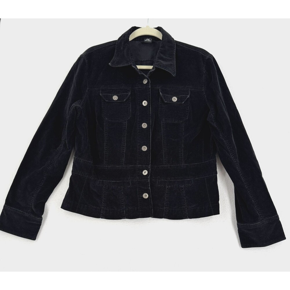 Rafaella Velvet Jacket Women 14 Black Button Front Peplum Trucker Stretch Y2K